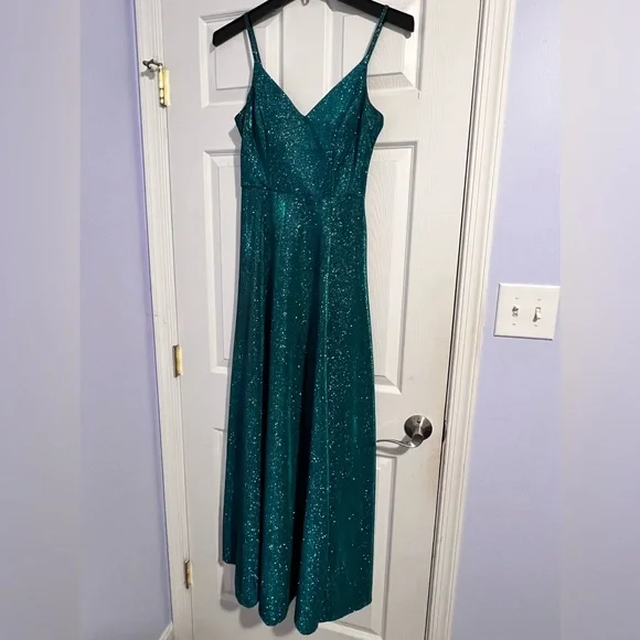 open lace back dress V Neck Blue Green Lace Prom Dresses, Blue Green Lace Formal Graduation   Lwt Dress